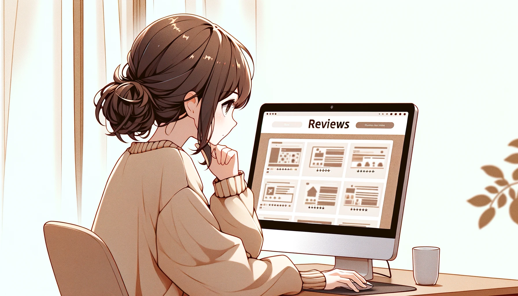 An anime-style illustration of a woman researching reviews on her PC, set against a beige background. The scene captures her focused and inquisitive expression as she browses through various websites. She is depicted in a comfortable yet attentive posture, reflecting her engagement in finding the best information. The PC is modern and prominently displayed, with the screen showing abstract lines and shapes to imply the browsing activity. Her hair is styled in a casual, yet neat manner, complementing her overall look of concentration and determination. The overall atmosphere should be cozy and inviting, emphasizing the woman's personal quest for knowledge in a serene home environment.