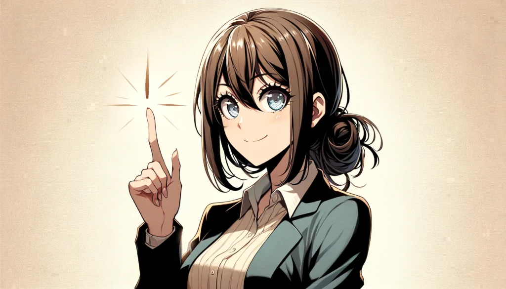 An anime-style illustration of a woman with her index finger raised, symbolizing that she has just come up with a correct answer or solution. Her expression is one of enlightenment and satisfaction, with sparkling eyes and a confident smile that convey her eureka moment. The character is depicted in a dynamic pose, with her finger pointed upwards to draw attention to her moment of realization. The background is a soft, soothing shade of either beige or light blue, providing a calm and supportive backdrop that highlights the character's achievement. Her attire is modern and casual, reflecting a contemporary, intelligent individual. This artwork captures the moment of intellectual triumph and personal insight, all presented in a captivating anime style.