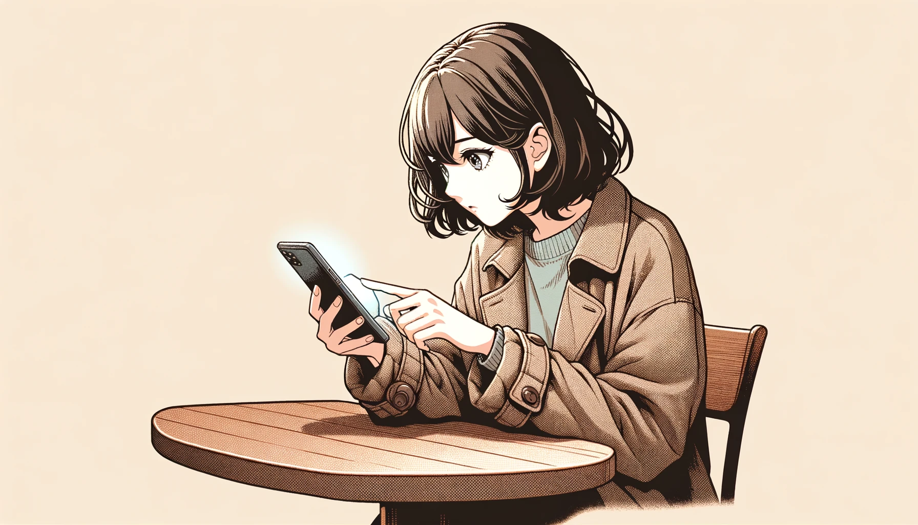 An anime-style illustration of a woman searching on her smartphone, set against a beige background. The woman is depicted in a moment of focus and curiosity, peering intently at her phone screen as she looks up information. Her expression is one of engagement and determination, suggesting she's searching for something important or interesting. She could be seated at a cafe table or standing in a relaxed stance, embodying a casual yet attentive posture. Her attire is modern and casual, reflecting a typical day-to-day outfit that's both comfortable and fashionable. The smartphone is detailed enough to show she's actively using it, but the screen's content is abstract to keep the focus on her action and expression. The background is minimalistic, ensuring the viewer's attention remains on the woman and her activity.