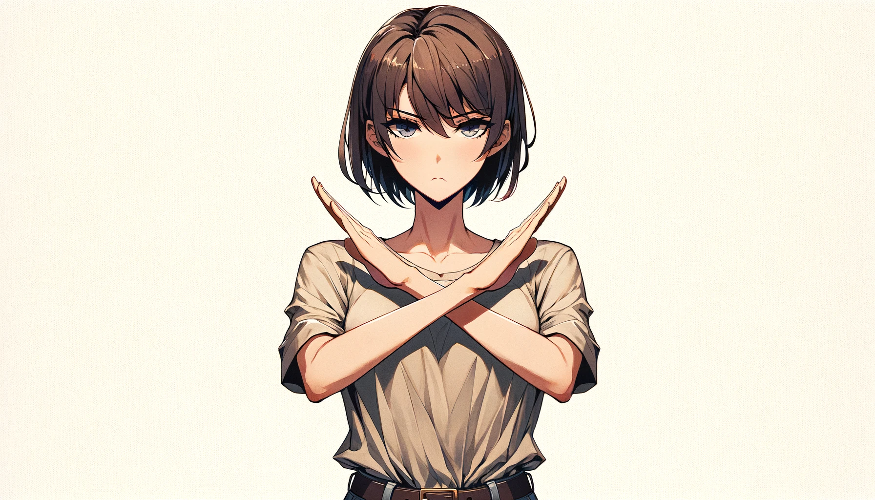 An anime-style illustration of a woman making an 'X' gesture with her arms to indicate 'no' or disagreement, set against a beige background. Her expression is firm and serious, conveying a strong message of disapproval or rejection. She could be standing with her feet slightly apart, giving her stance a sense of determination and authority. Her attire is casual but with an assertive edge, fitting the context of her gesture. The 'X' formed by her arms is clear and pronounced, making the intent of her action unmistakable. The overall mood of the illustration is one of conviction, yet it maintains the anime style's characteristic charm and expressiveness.