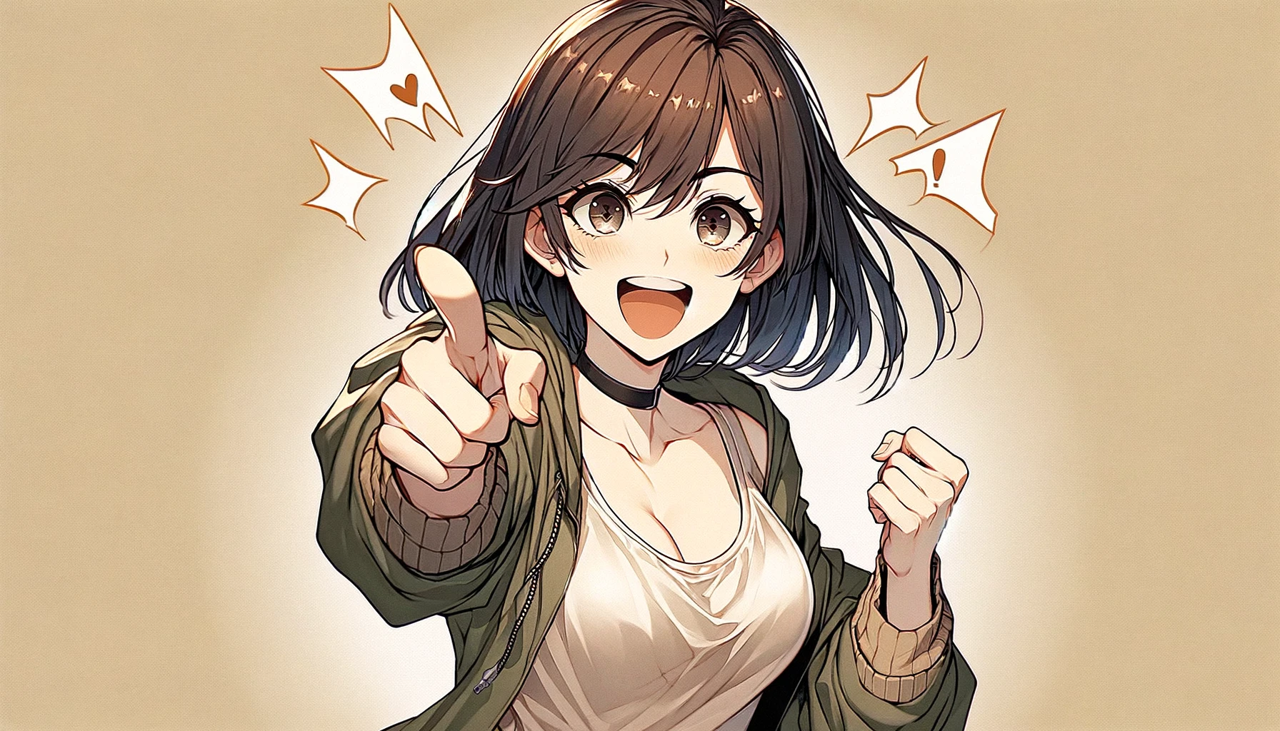 An anime-style illustration of a woman pointing towards the viewer with an expression that strongly suggests a recommendation, set against a beige background. She has an enthusiastic and convincing look, as if she's sharing a great find or suggesting something she highly approves of. Her pose is dynamic, with one hand outstretched towards the viewer and her other hand possibly on her hip or gesturing to emphasize her point. She's dressed in a casual yet fashionable outfit, adding to her approachable and relatable vibe. Her expression is full of confidence and friendliness, making the viewer feel directly engaged and considered. The overall atmosphere is positive and inviting, perfectly capturing the moment of making a recommendation with a personal touch.