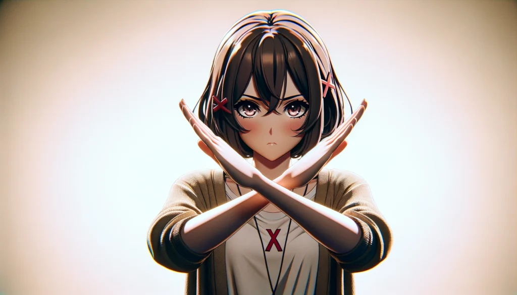 An anime style woman making an 'X' sign with her arms crossed in front of her, directly facing the viewer. The background is a soft beige, creating a neutral and calming backdrop that focuses attention on the woman's action and expression. Her expression should convey a clear message of disagreement or denial, with determined eyes and a firm mouth, yet maintaining the stylized beauty and emotional depth characteristic of anime. Her attire can be casual or thematic, depending on the context, but should contribute to the overall impression of her personality and the situation she's responding to. The scene captures a moment of communication and boundary-setting, with the 'X' gesture symbolizing a negative response or prohibition in a visually impactful way. The anime aesthetic should be evident through vibrant colors, expressive character design, and detailed execution, highlighting the intensity of the moment and the character's resolve.