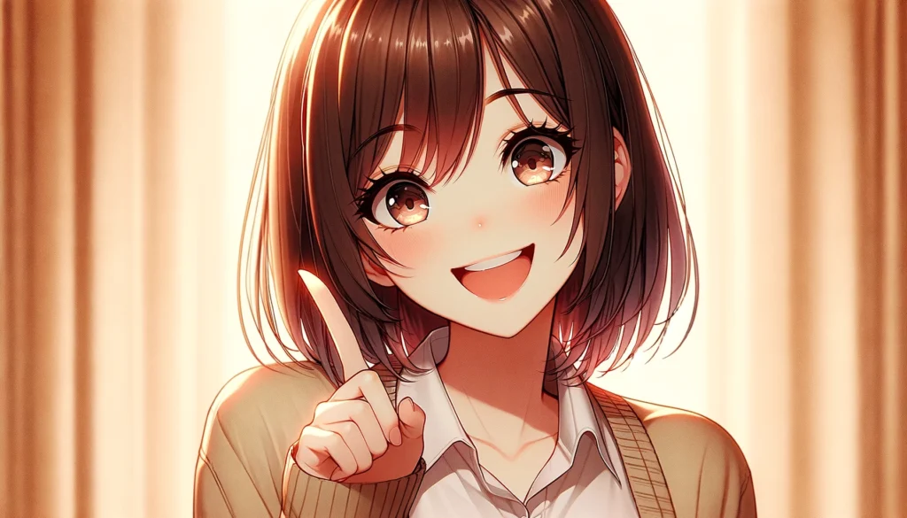 An anime style woman with a smiling face, holding up her index finger as if making a point or having an idea. The background is a soft beige, creating a warm and inviting atmosphere that complements the woman's positive expression. Her smile should be bright and inviting, conveying a sense of friendliness and approachability. The gesture of raising her index finger can suggest a moment of insight or the desire to share something interesting. Her attire can be casual or thematic, fitting the context of a light-hearted or intellectual moment. The scene captures a snapshot of interaction, with the woman's posture and facial expression inviting engagement. The anime aesthetic should be evident in the vibrant colors, expressive character design, and attention to detail, ensuring the image is lively and engaging.