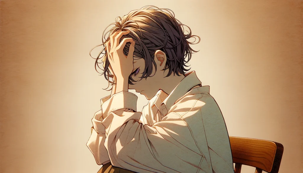 An anime style woman holding her head in her hands, conveying a moment of distress or deep thought. The background is a soft beige, providing a calm and neutral setting that contrasts with the woman's emotional turmoil. Her expression should be one of frustration, worry, or contemplation, with her eyes either closed or looking downwards, emphasizing the weight of her thoughts or feelings. Her attire can be casual or reflective of her current state, suggesting a personal moment caught in time. The scene captures the intensity of her experience, inviting viewers to empathize with her situation. The anime aesthetic should be evident in the vibrant colors, expressive character design, and detailed execution, focusing on capturing the nuances of human emotion and the complexity of her emotional state.