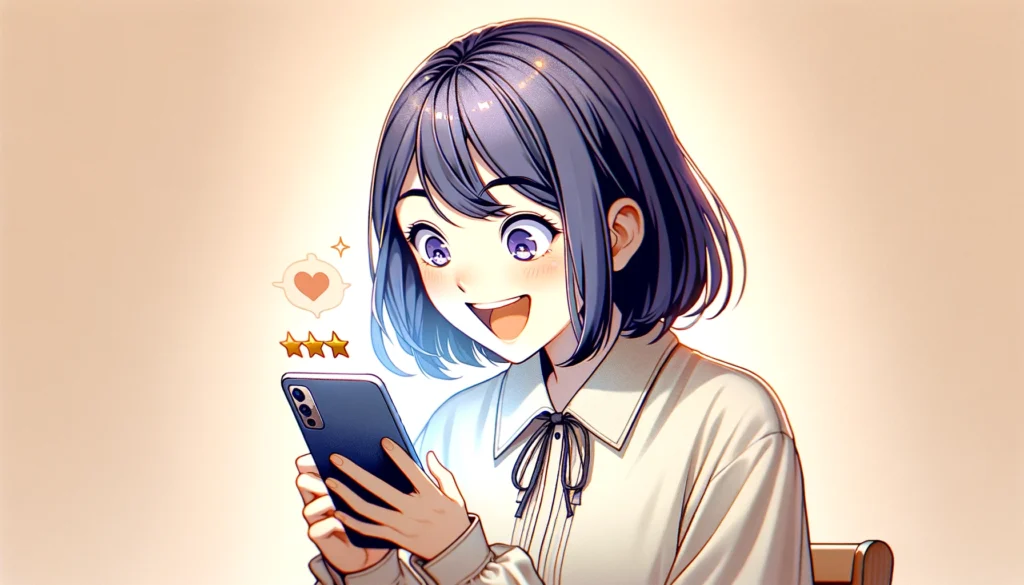 An anime style woman looking at reviews on her smartphone or laptop, her face lit up with joy and surprise. The background is a soft beige, providing a warm and inviting atmosphere that complements the positive moment. Her expression should be one of genuine happiness, with wide eyes and a big smile, reflecting her delight at the positive feedback or good news she's reading. The device she's using should be clearly visible, indicating the source of her joy. Her attire can be casual or business casual, suggesting she could be at home or in a more professional setting. The scene captures a moment of personal achievement or satisfaction, inviting viewers to share in her happiness. The anime aesthetic should be evident in the vibrant colors, expressive character design, and attention to detail, ensuring the image is lively and engaging.