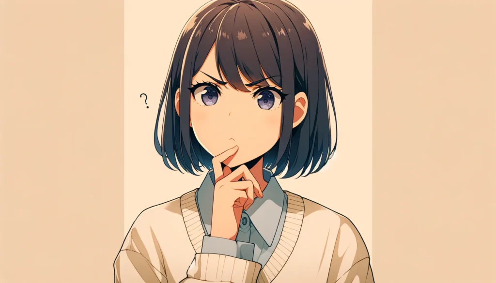 An anime style woman with a frowning expression, placing her hand thoughtfully on her chin. The background is a soft beige, providing a calm and neutral setting that emphasizes the contemplative mood of the woman. Her eyebrows are drawn together in concern or deep thought, highlighting her introspective or critical thinking moment. The pose, with her hand on her chin, suggests she is pondering a problem or deeply immersed in her thoughts. Her attire can be casual or reflective of a specific context, enhancing the narrative of her contemplative state. The anime aesthetic should be evident, with vibrant colors, expressive character designs, and detailed attention to both the character and her surroundings, conveying a sense of depth and emotion.